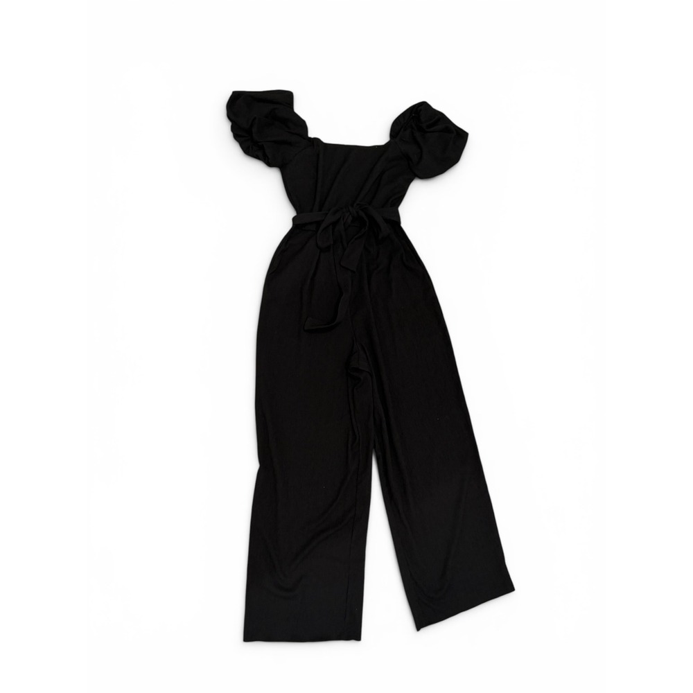 Trixxi Los Angeles Black Off Shoulder Puff Sleeve Wide Leg Jumpsuit Large L - Picture 2 of 6